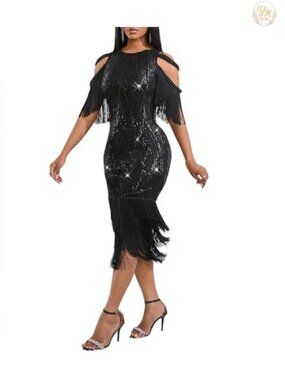 Sexy Sequin Long Sleeve Tassel Bodycon Midi Dress